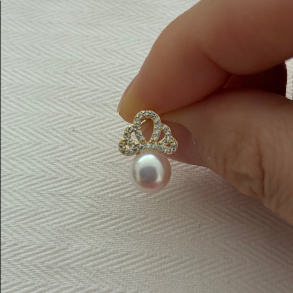 Gold Pearl Stud Earrings | Sparkling Crystal Accent | Christmas Gift for Her - Picture 4 of 8